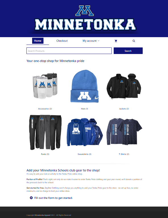 An example of an online store customized with school colors and team spirit