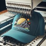 The Custom Embroidery Machine With A Detailed, Embroidered Image Of A Mountain Scape On A Hat In Progress